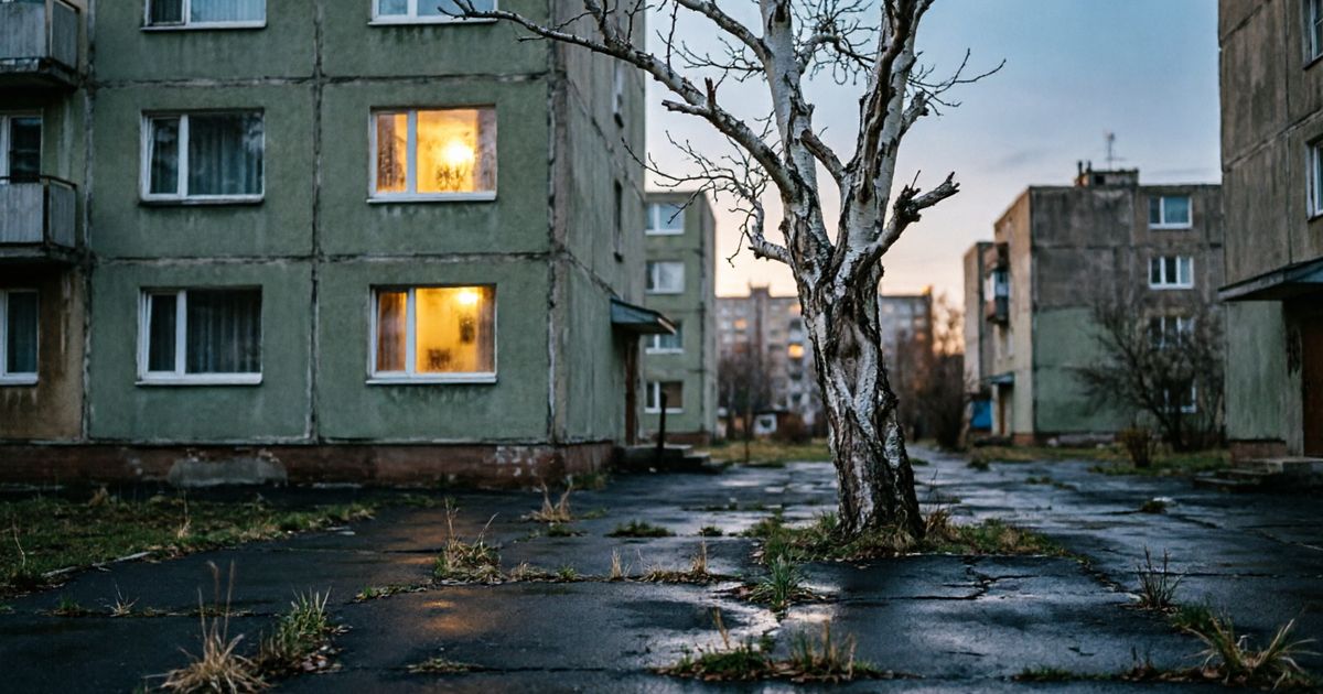 Двор между панельными домами в сумерках, одно светящееся окно