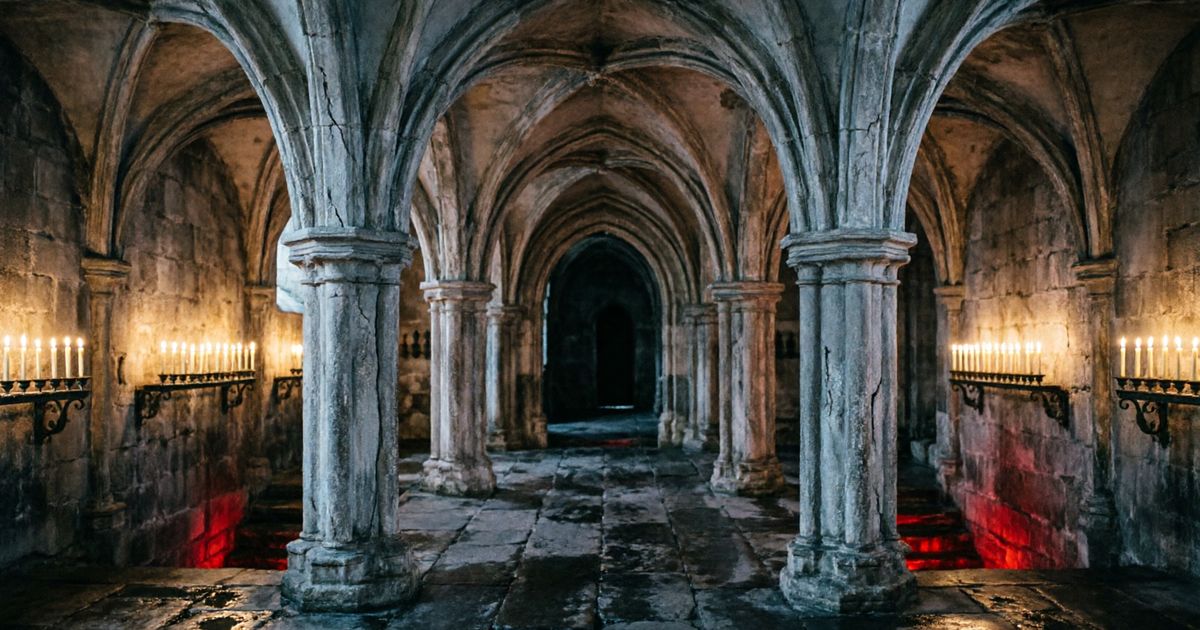 Крипта готического собора, каменные своды и ряды оплывших свечей
