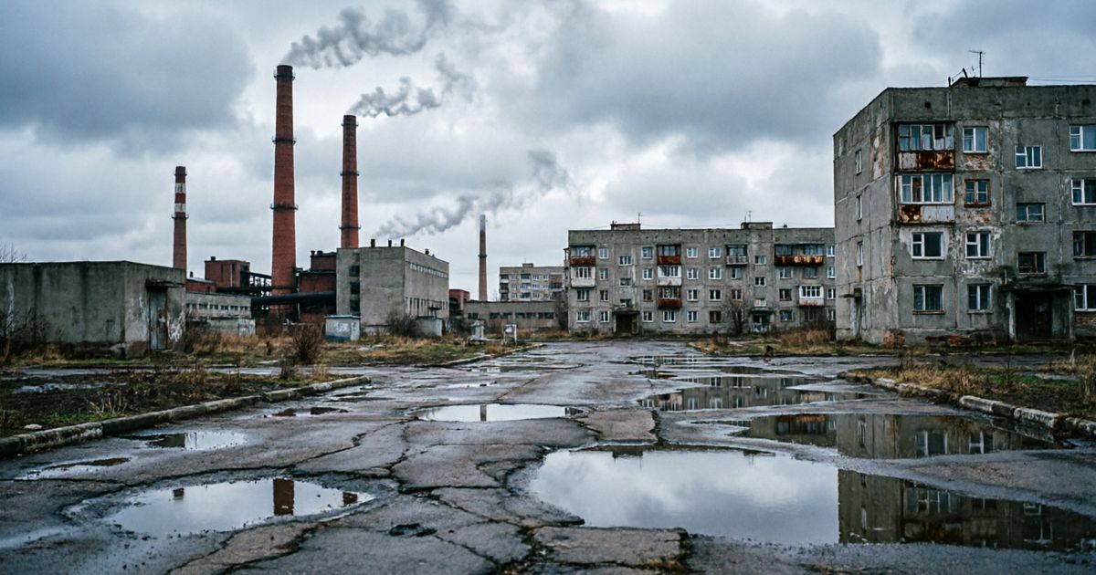 Промышленный район под низким серым небом, трубы и разбитый асфальт