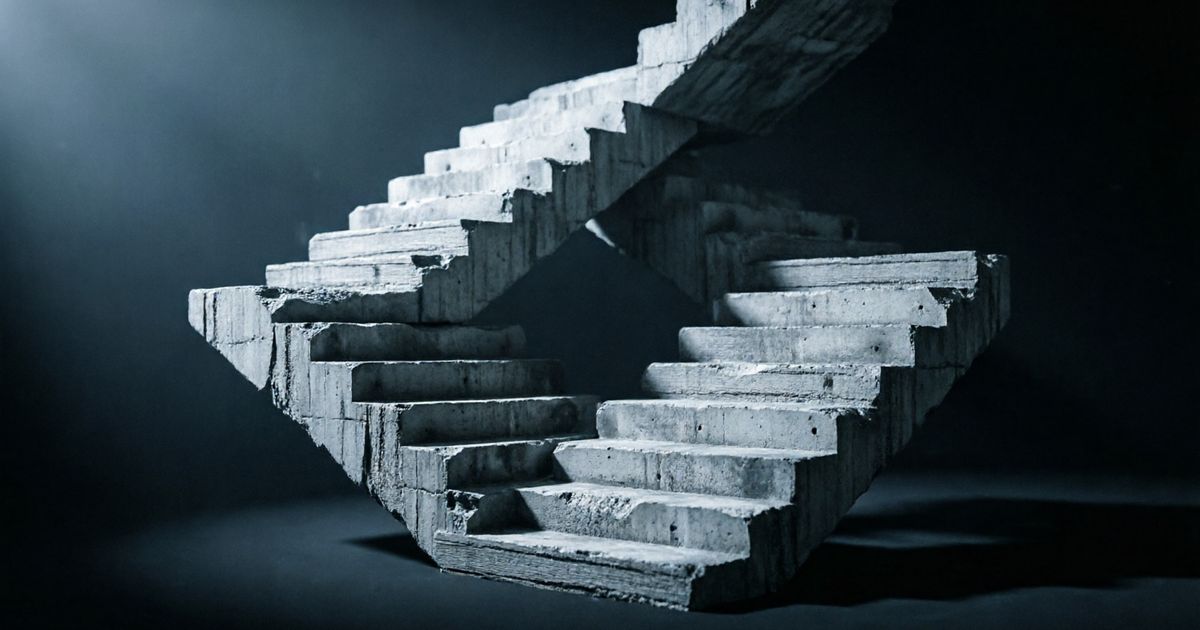 Бетонная лестница, замкнутая сама на себя, в глухой темноте