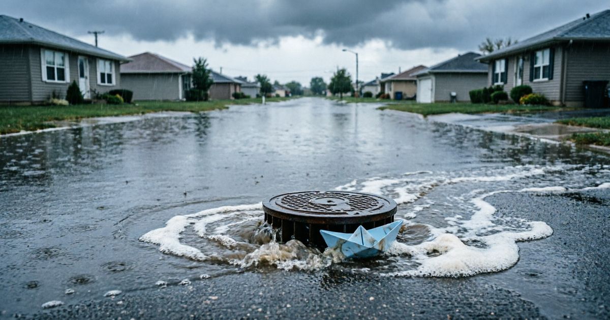 Затопленная улица после ливня и решётка ливнёвки в потоке воды