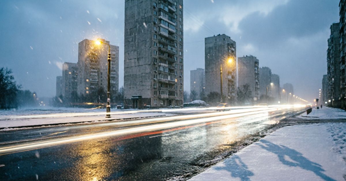 Ночная городская улица в снегу, свет фар и панельные высотки в дымке