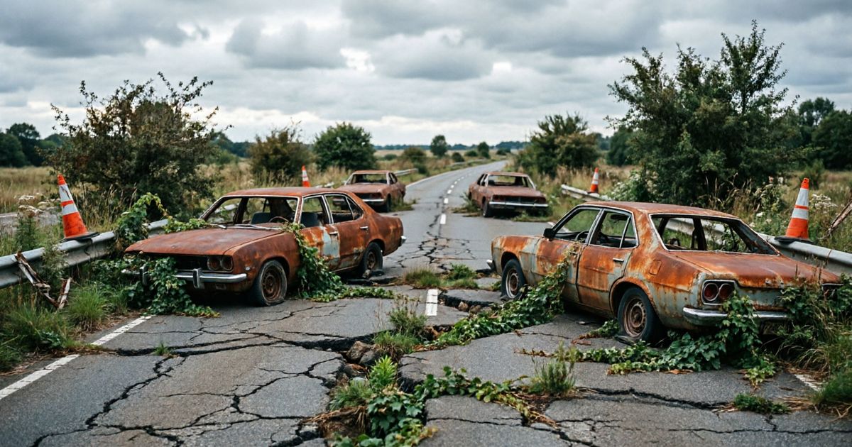 Заброшенное шоссе, проросшее травой, и ржавые машины на обочине