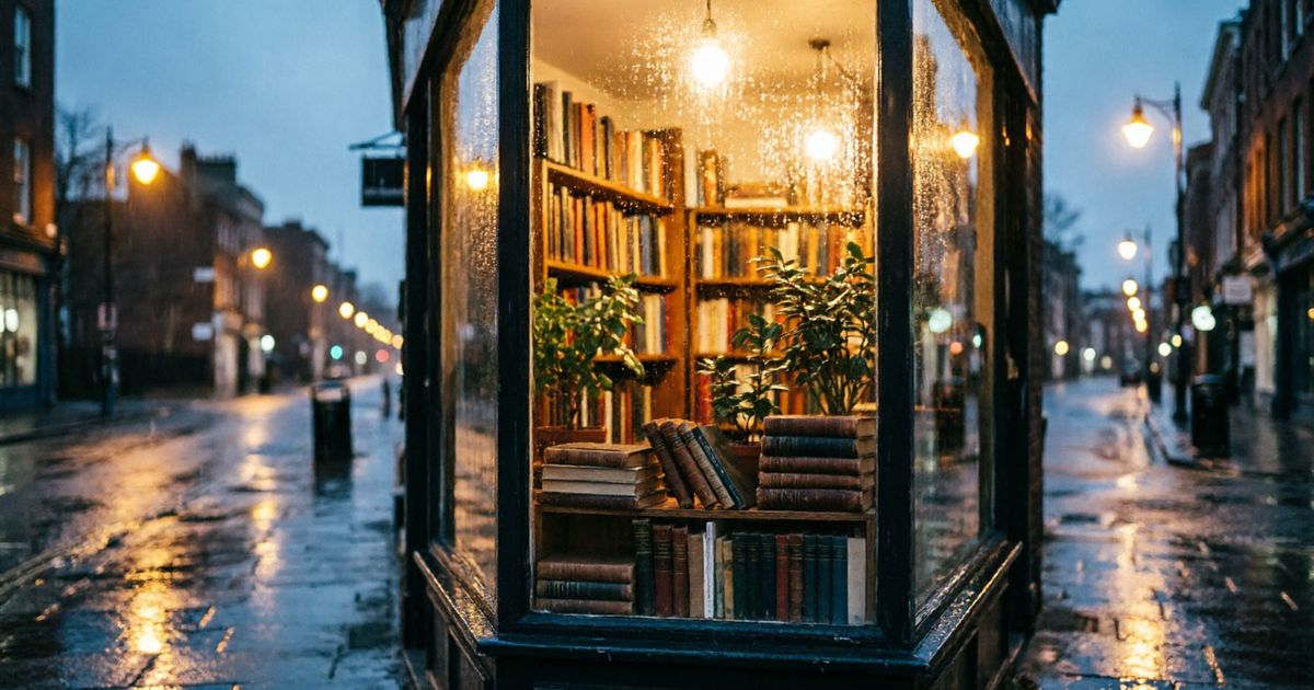 Витрина книжного магазина ночью, тёплый свет изнутри и мокрая пустая улица